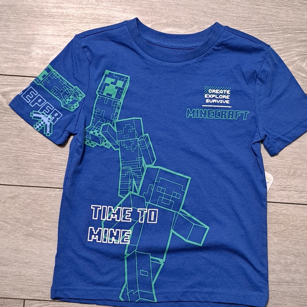 Brand New Boy's Minecraft Vibrant Blue Short Sleeve Tee with Geometric Design